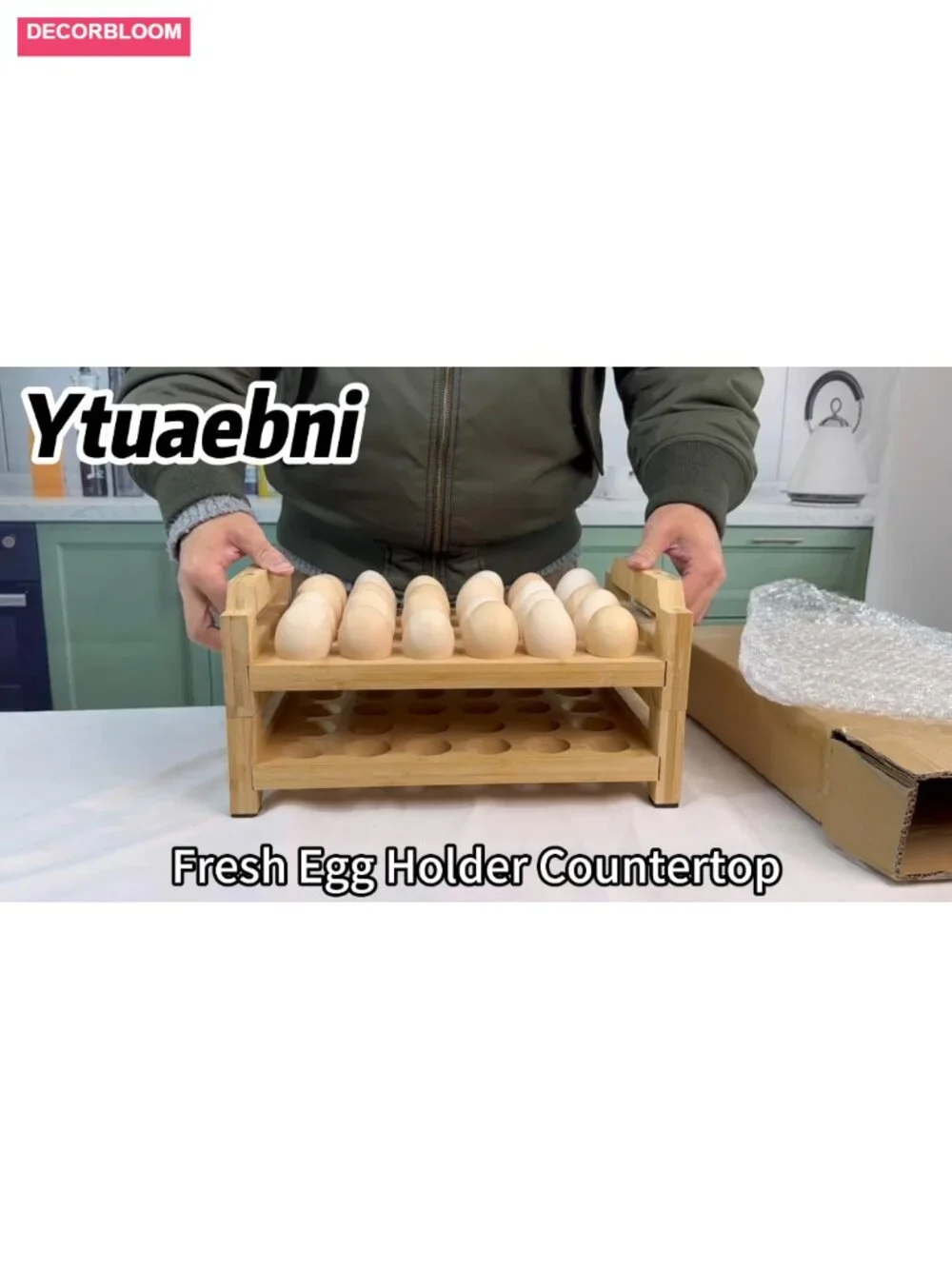 48 Egg Holder Countertop 2-Tier Stackable Bamboo Egg Tray with Anti-Slip Pads